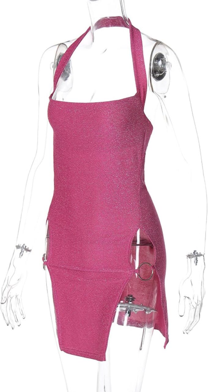Women's Sexy Glitter Summer Halter Bodycon Dress Lace Criss Cross Spaghetti Mini Dress Backless Cowl Neck Party Dresses – Bild 7