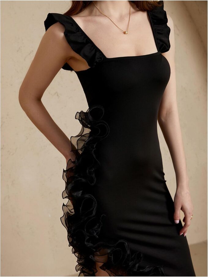 Women's Ruffle Asymmetrical Hem Dress Square Neck Sleeveless Bodycon Midi Dresses – Bild 3
