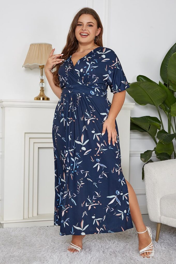 Keluummi Plus Size Wedding Guest Maxi Dress for Curvy Women, Summer Casual Floral Empire Waist 3/4 Sleeve Long Cocktail Dress – Bild 6