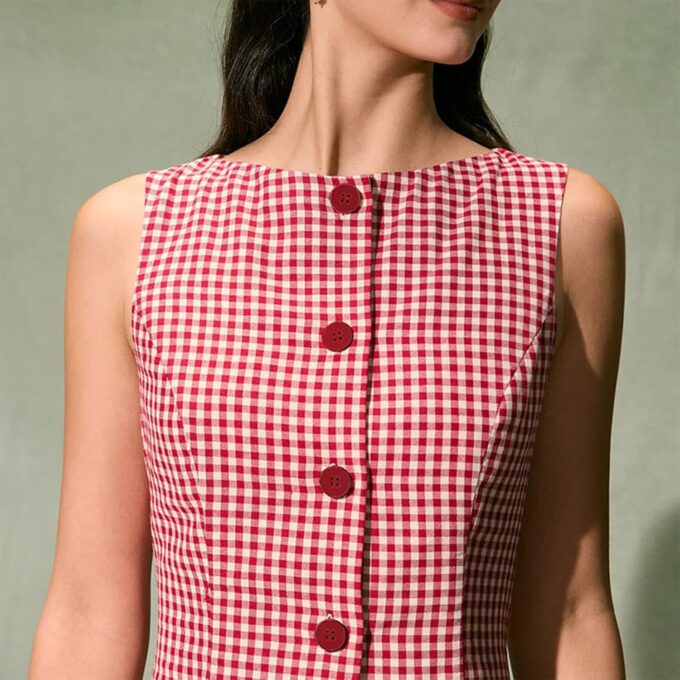 Women Summer Mini Plaid Tank Dress Sleeveless Round Neck Button Up Bodycon Cocktail Party Dress – Bild 4