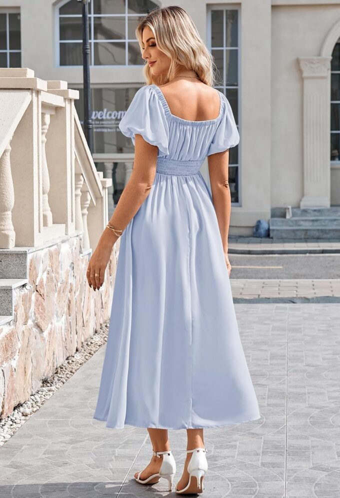 Linsery Women's Summer Square Neck Short Puff Sleeve Casual Smocked Flowy A Line Midi Dress – Bild 3