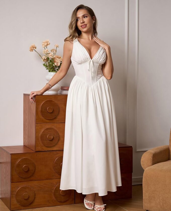 GLNEGE Women's Summer Corset Midi Milkmaid Dress Casual V Neck Flowy A Line Sundress Wedding Guest Dresses with Pockets 2025 – Bild 5
