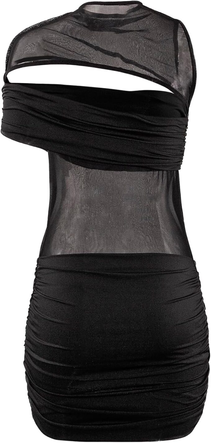 Women Sexy Hollow Out Mesh Mini Dress See Through Double Layer Tight Ruched Night Club Party Dress – Bild 4