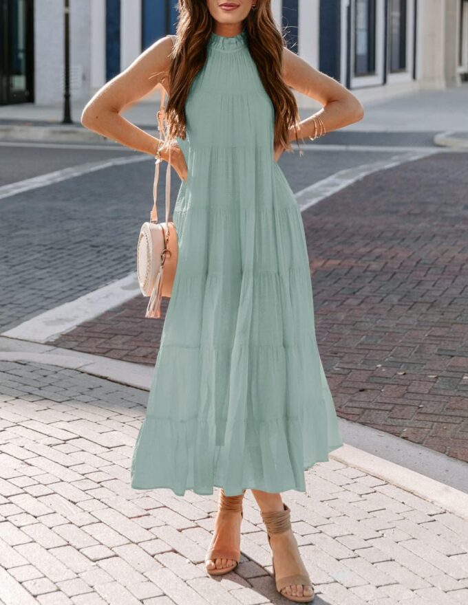 HAEOF Women's Summer Sleeveless Halter Midi Maxi Dress Casual Loose Fit Pleated Tiered Flowy Beach Vacation Long Sundress – Bild 4