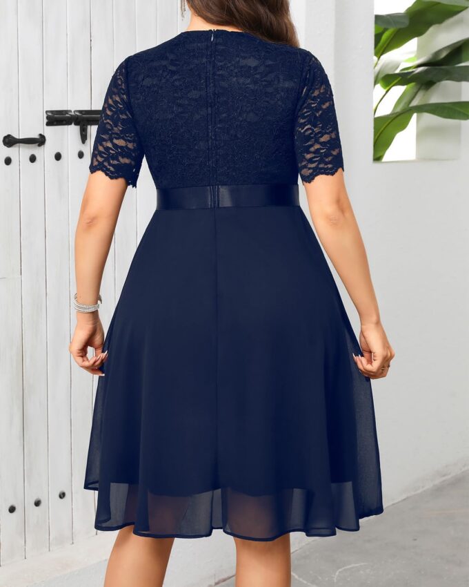 Plus Size Wedding Guest Dress - Formal Cocktail Party Ruffle Elegant Tea Length Lace Chiffon V Neck Midi Dresses – Bild 4