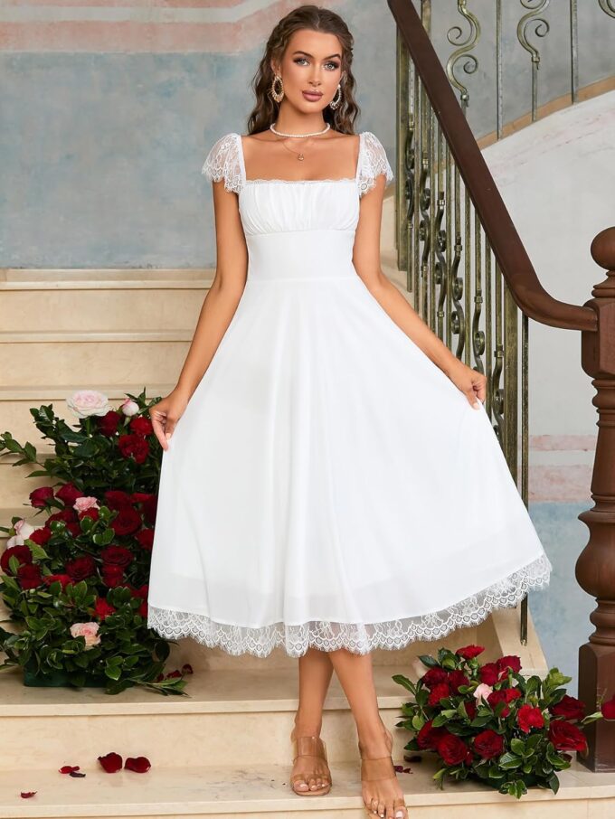 EYNMIN Lace Strap Chiffon Dresses for Women Casaul Flowy A Line Midi Tea Party Dress – Bild 2