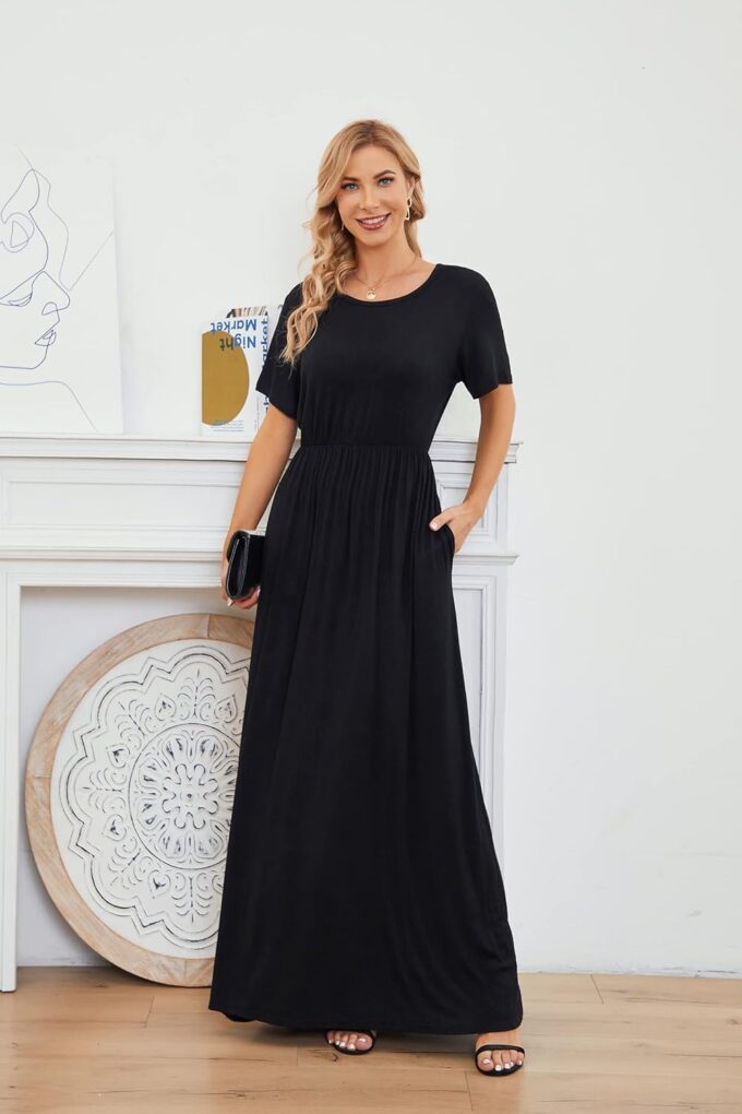Women's 2025 Summer Short Sleeve Empire High Waist Long Maxi Dress with Pockets – Bild 3