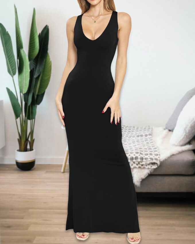 Womens Deep V Neck Mermaid Maxi Dress Sleeveless Sexy Bodycon Long Fitted Dress Casual Soft 4-Way Stretch – Bild 2
