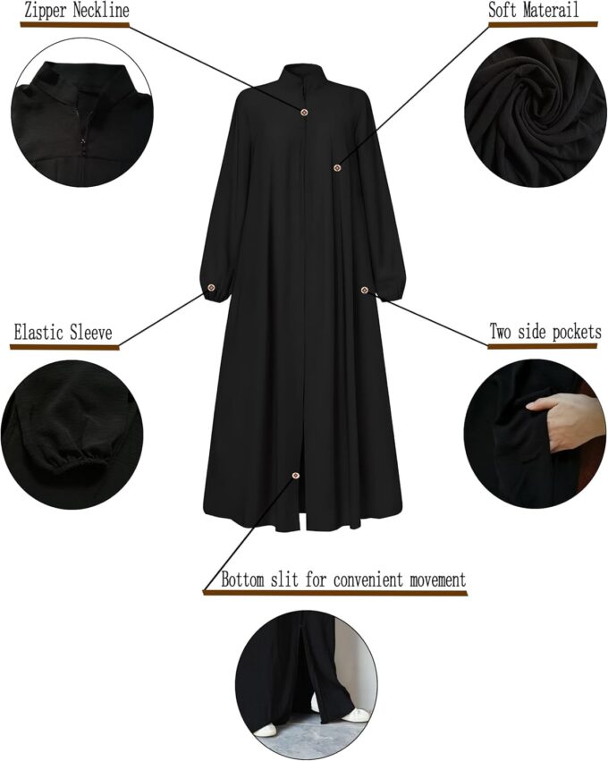 Womens Abaya Muslim Long Sleeve Front Zipper Dress Prayer Islamic Clothes with Pockets – Bild 4