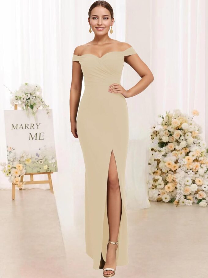 SERYO Off Shoulder Chiffon Bridesmaid Dresses for Women with Slit V Neck Flowy Long Formal Dress – Bild 2