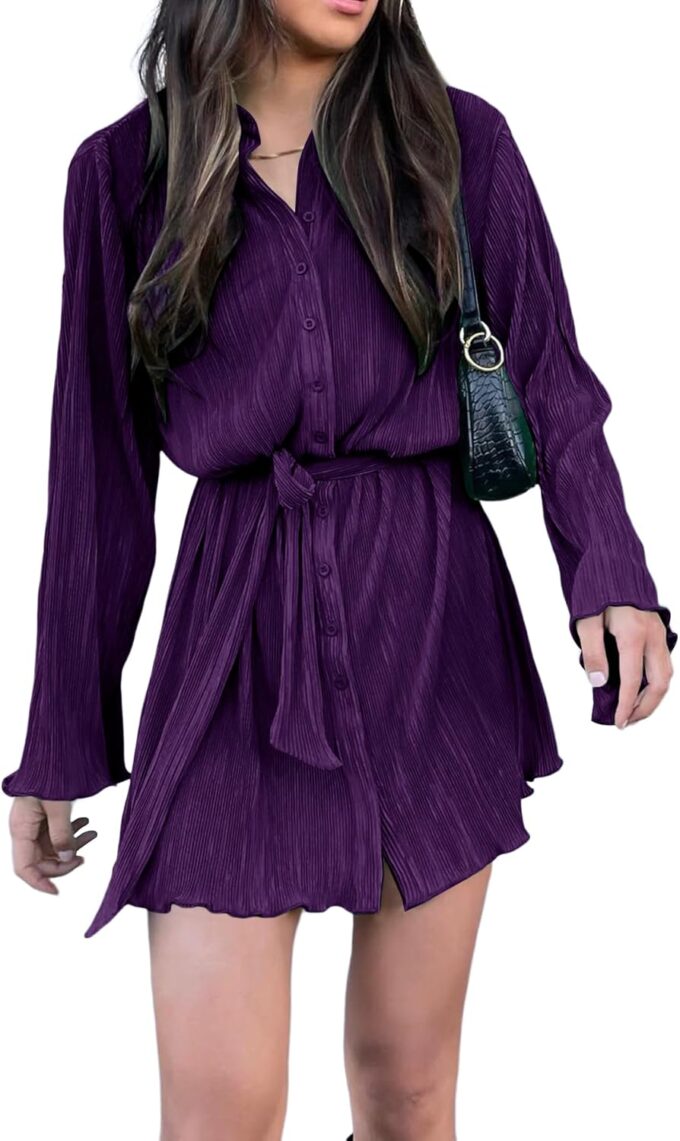 LYANER Damen-Minikleid mit Kragen, V-Ausschnitt, Knopfleiste, plissiert, langärmelig, mit Gürtel – Bild 3