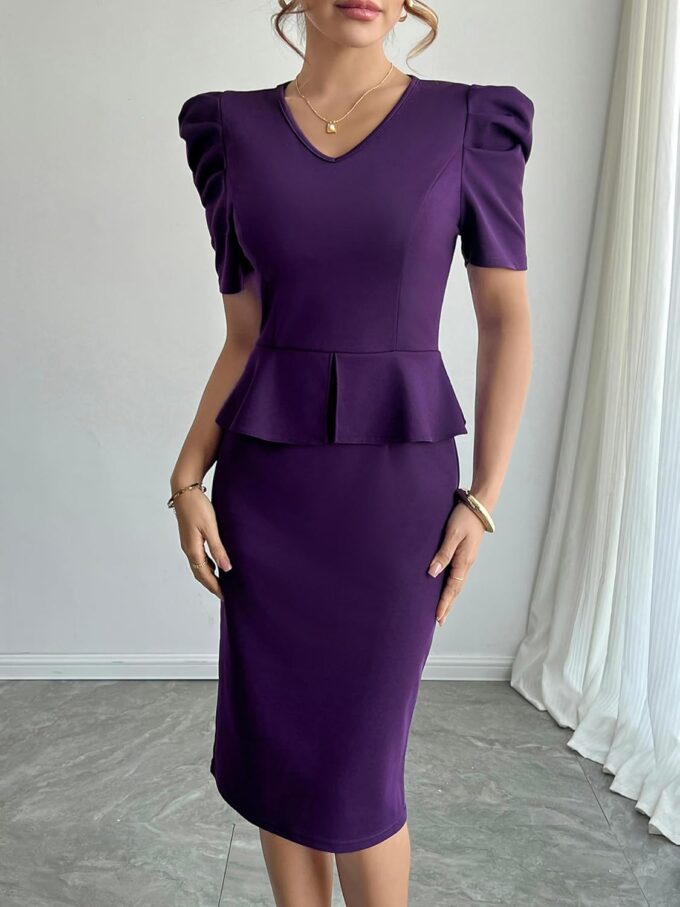 Mokayee Womens Summer Puff Sleeve V Neck Peplum Church Business Work Pencil Dresses – Bild 2