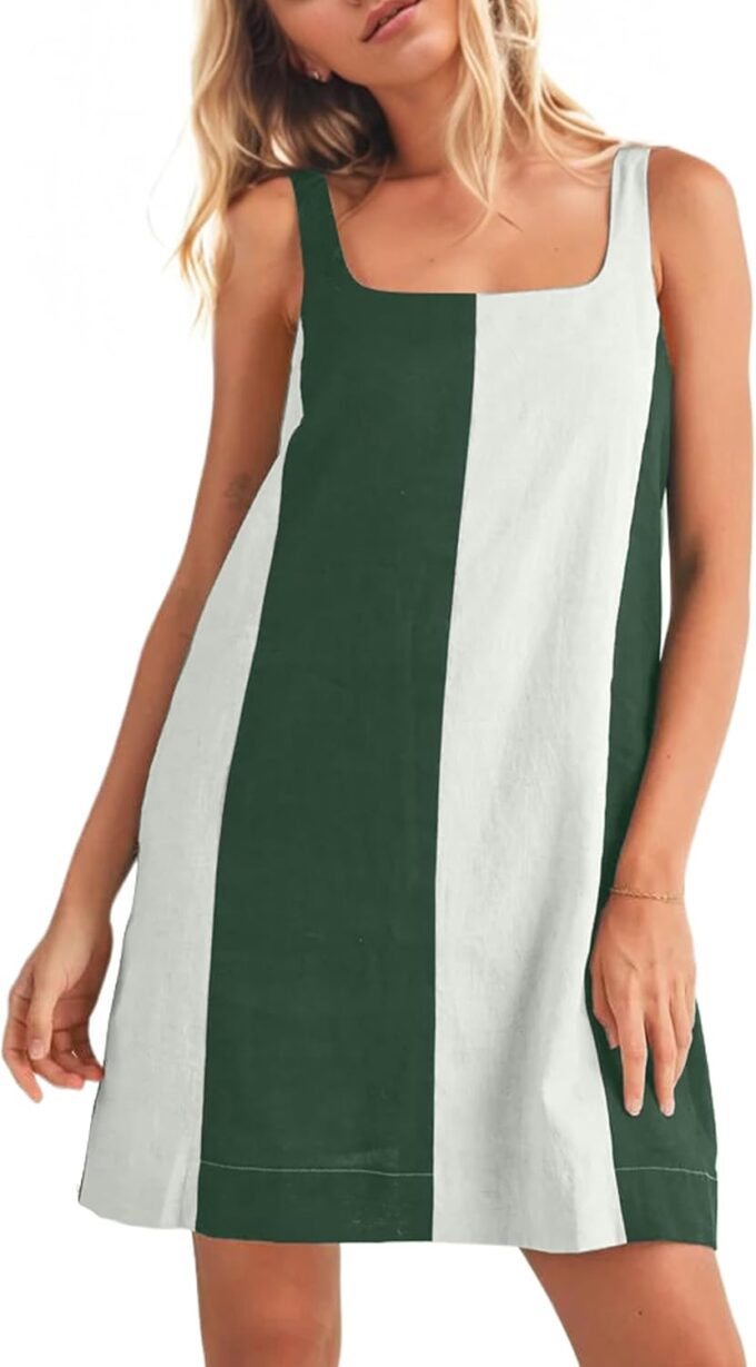 Livtany Women's Color Block Adjustable Straps Mini Dress Sleeveless Square Neck Tank Dress Loose Fit Sundress with Pockets