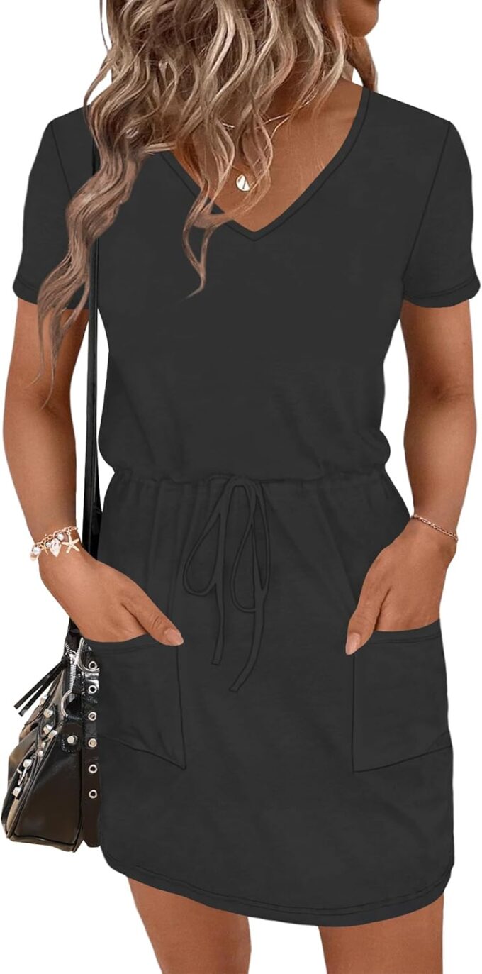 AUSELILY Womens Summer Dresses 2025 Causal Short Sleeve V Neck Tie Front Mini Short Dress with Pockets – Bild 3