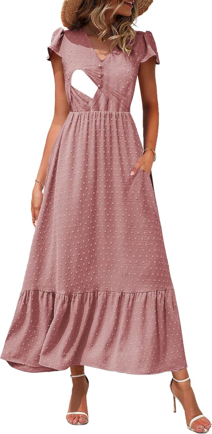Women Nursing Boho Maxi Dresses Cap Short Sleeve V Neck Swiss Dot High Waisted A-Line Ruffle Tiered with Pockets