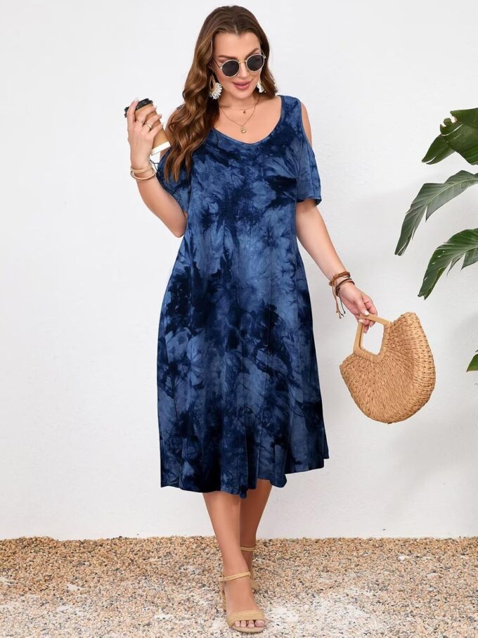 LARACE Plus Size Women Dress for Summer, Midi Women's Sundress, Casual V-Neck Short Sleeve Flowy T-Shirt Dresses with Pockets – Bild 3