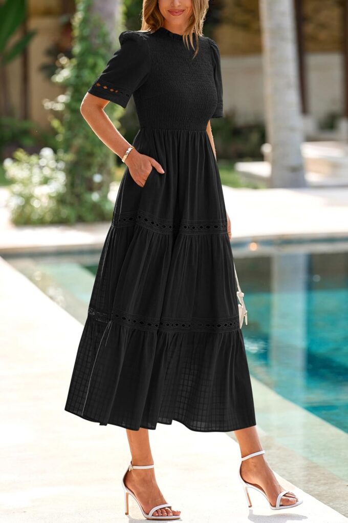 dowerme Summer Dresses for Women 2025 Casual Boho Hollow Out Short Sleeve Ruffle Mock Neck Smocked Maxi Gingham Sundress – Bild 8
