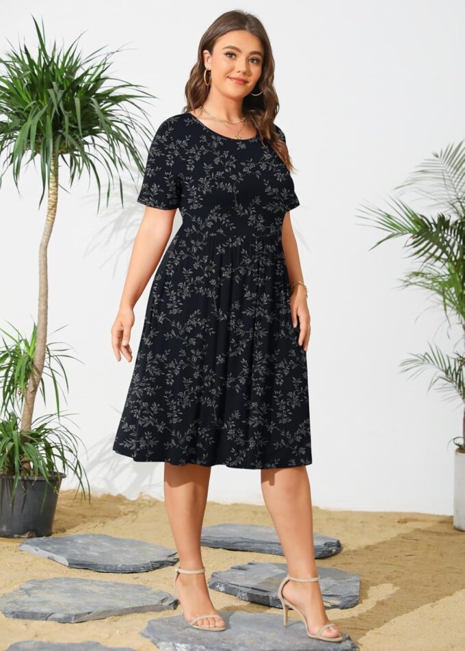 POSESHE Womens Plus Size Summer Dress 2025 Casual Short Sleeve Empire Waist Loose Fit Swing T-Shirt Dress with Pockets – Bild 5