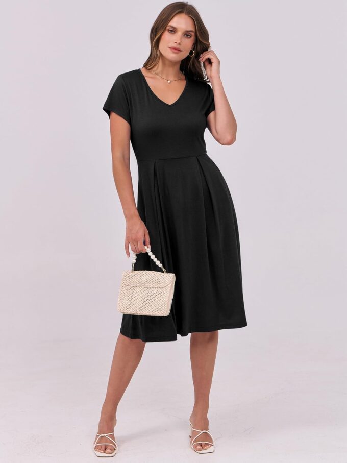 ANRABESS Women Summer Dress Casual Short Sleeve V Neck A-Line Knee Length Pleated Flowy 2025 Fashion Midi Dresses with Pocket – Bild 4