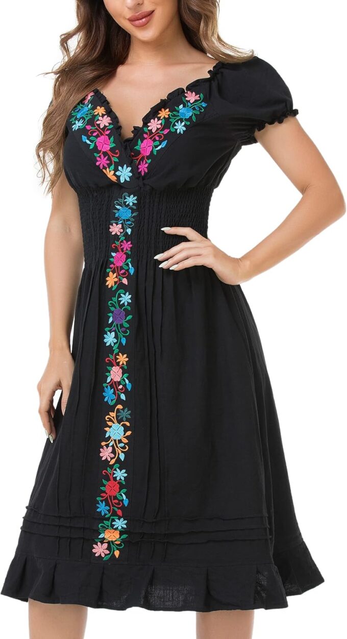 YZXDORWJ Women Mexican Embroidered Casual Dress Summer Ruffle V Neck Short Sleeves – Bild 2