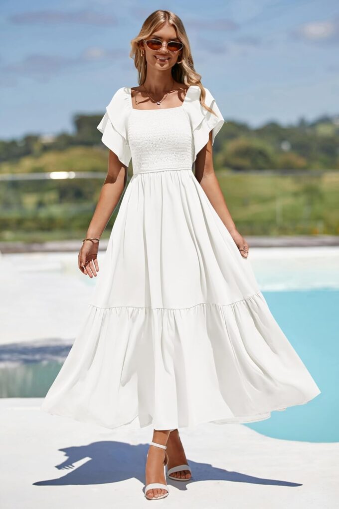 MASCOMODA Womens Summer Casual Midi Dress Square Neck Ruffle Short Sleeve Smocked High Waist A Line Wedding Guest Dresses – Bild 5