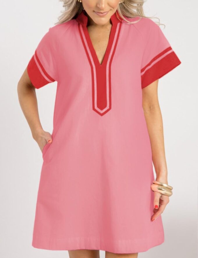 QIBABU Linen Dress for Women V Neck Color Block Summer Short Sleeve A-Line Mini Dress with Pockets – Bild 3