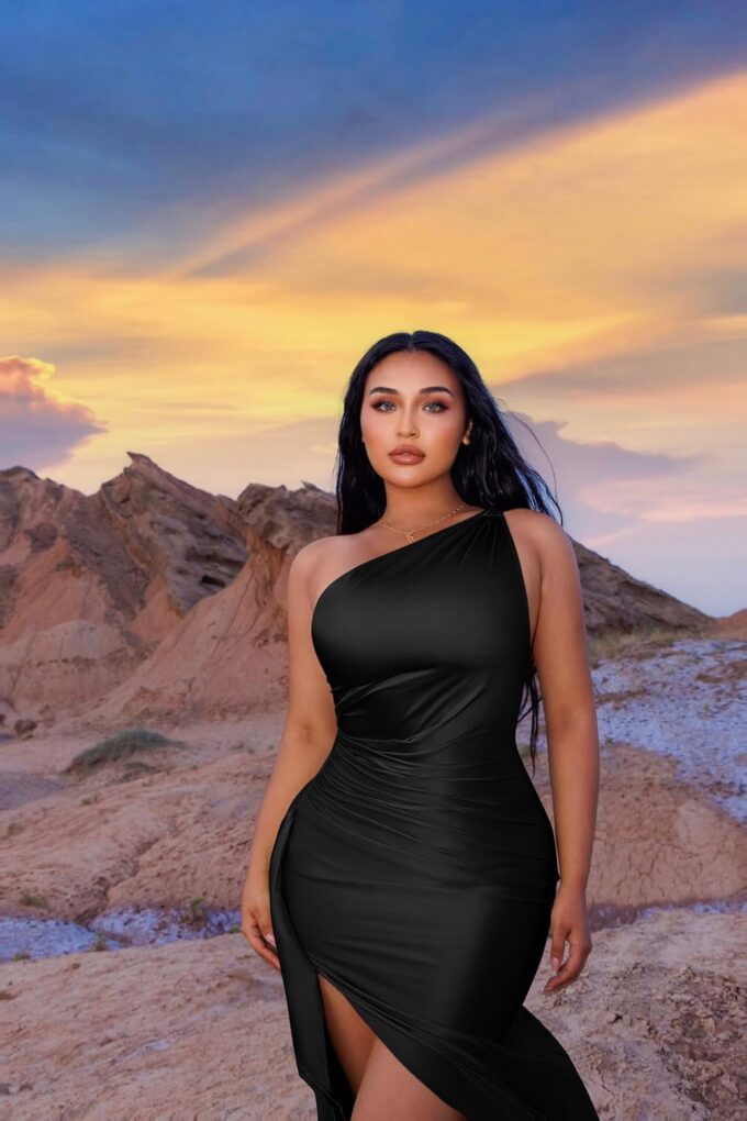 Memoriesea Women's Plus Size Satin Sexy One Shoulder High Split Cocktail Wedding Party Maxi Dress – Bild 5