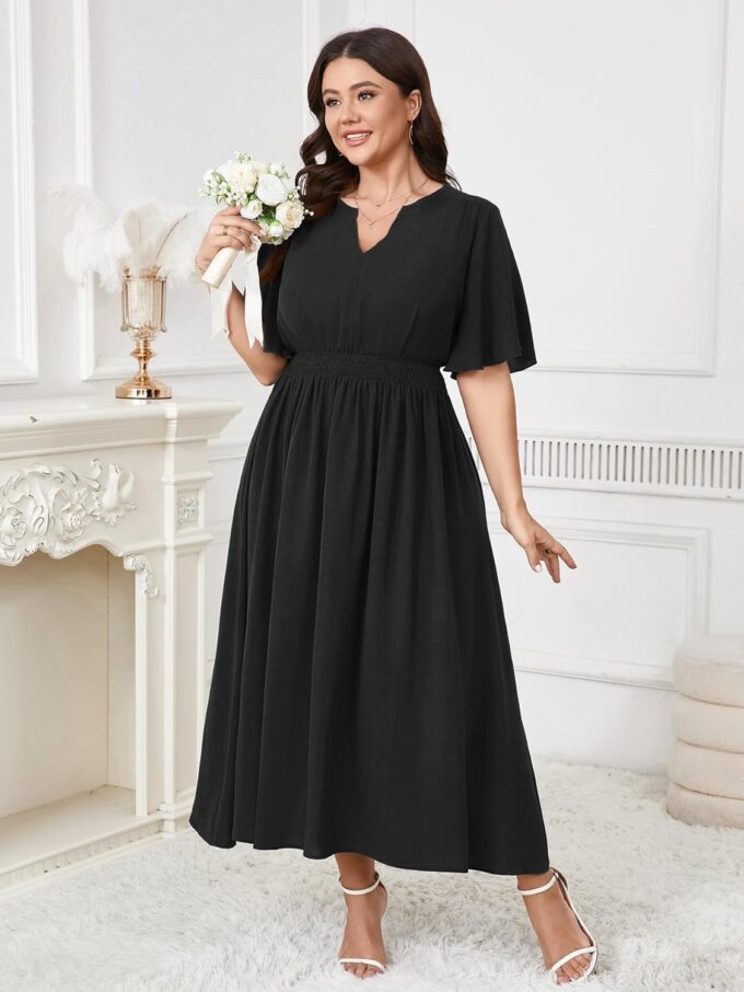 Women's Plus Size Dress for Women Wedding Guest Cocktail Smocked Ruffle Short Sleeve V Neck Flowy Maxi Dresses – Bild 4