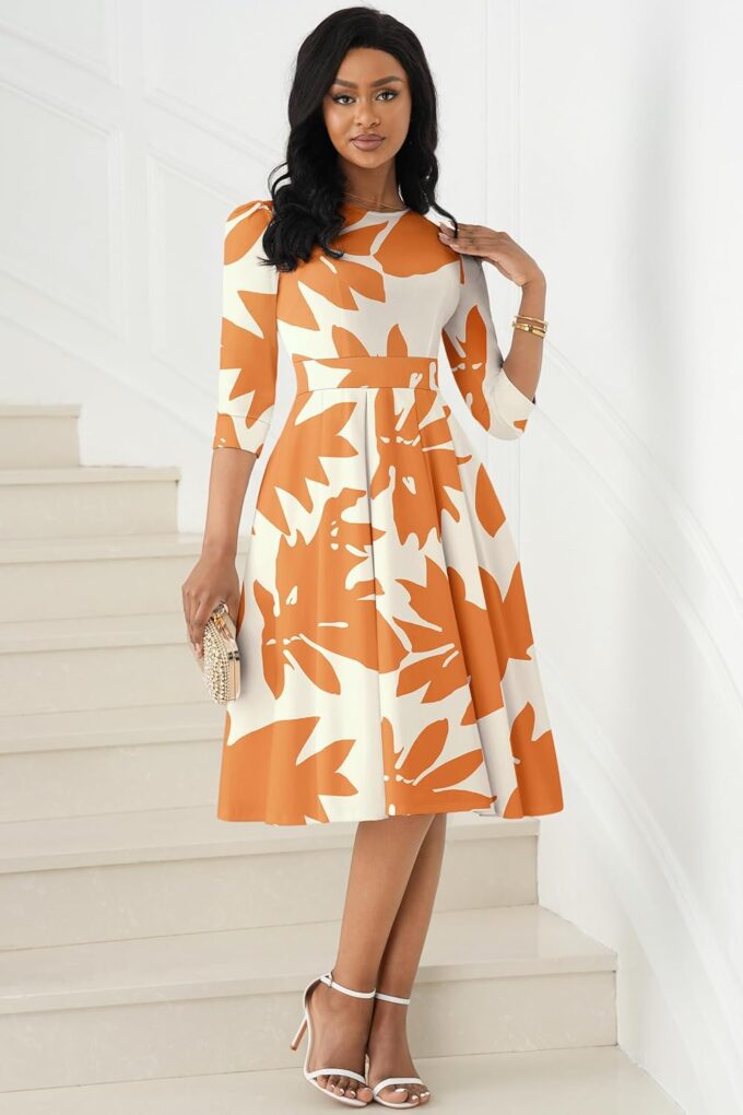 Runwind Vintage Dress for Women 3/4 Sleeve A-Line Church Dress Floral Wedding Guest Cocktail Dresses with Pockets – Bild 5