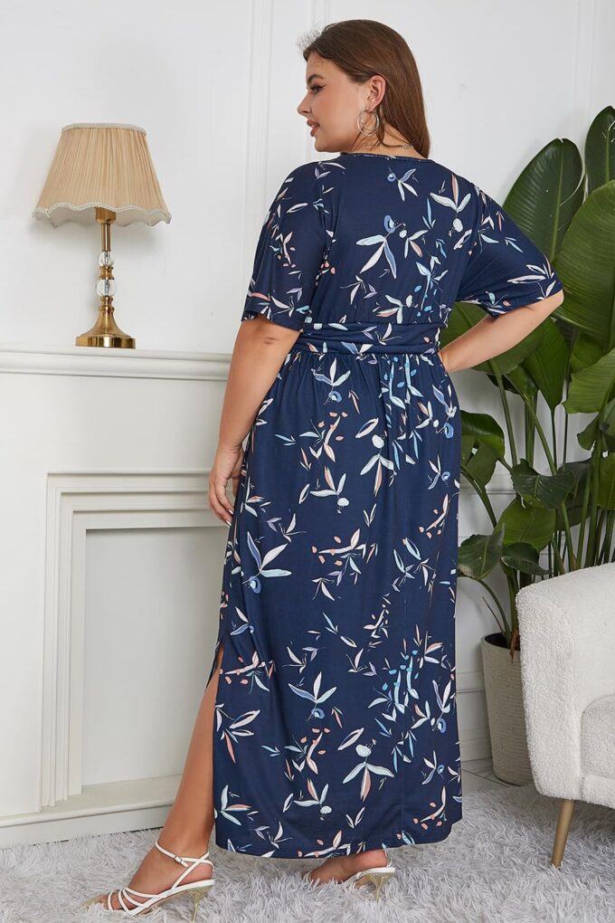 Keluummi Plus Size Wedding Guest Maxi Dress for Curvy Women, Summer Casual Floral Empire Waist 3/4 Sleeve Long Cocktail Dress – Bild 4