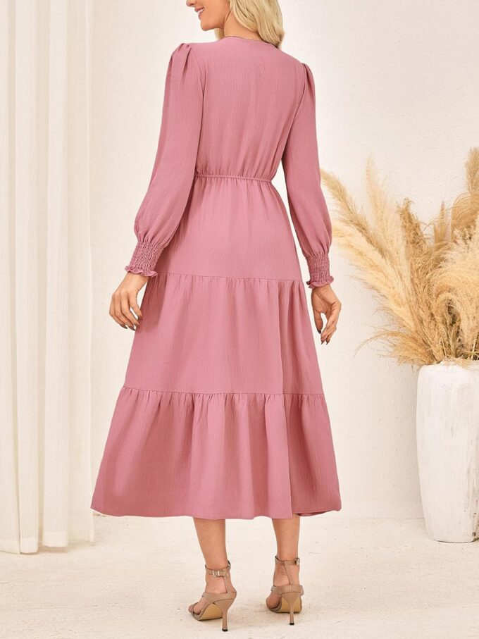 Kate Kasin Womens Long Sleeve Maxi Dress Spring Fall Dresses 2025 Trendy Smocked V Neck Modest Wedding Guest Dress & Pockets – Bild 2