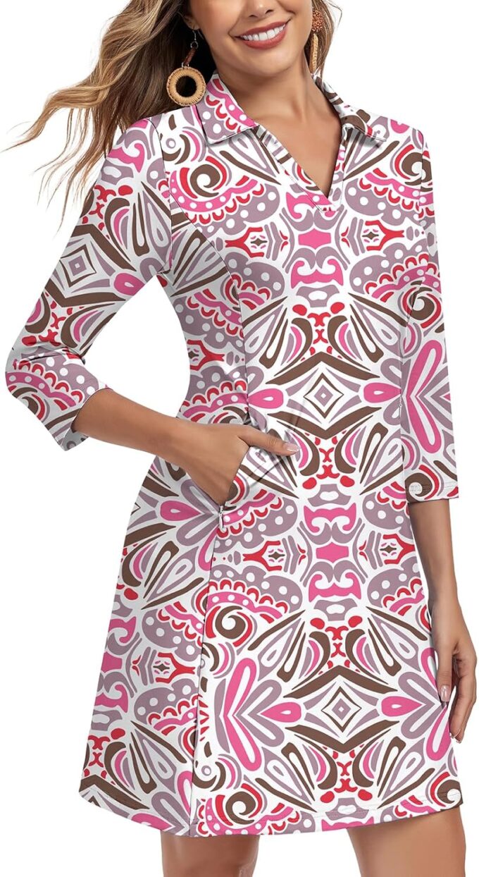 WOWENY 3/4 Sleeve Dress for Women with Pockets V Neck UPF 50+ Casual Sun Dress Breathable Quick Dry Beach Vacation – Bild 2