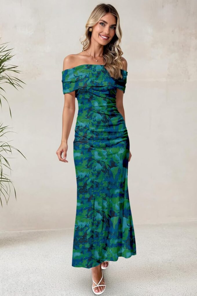 Women's Mesh Floral Maxi Dress 2025 Summer Off The Shoulder Ruched Bodycon Long Cocktail Party Fitted Dresses – Bild 7