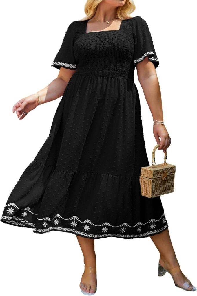 Glamaker Women's Plus Size Summer Casual Short Sleeve Smocked Square Neck A Line Flowy Midi Dress Long Dress