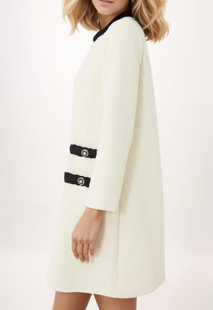 Kedera Damen-Jackie-Kleid aus Tweed, langärmelig, elegant, Rundhalsausschnitt, Business-Party, Vintage-Knöpfe, figurbetontes Mini-Jackie-Kleid – Bild 3