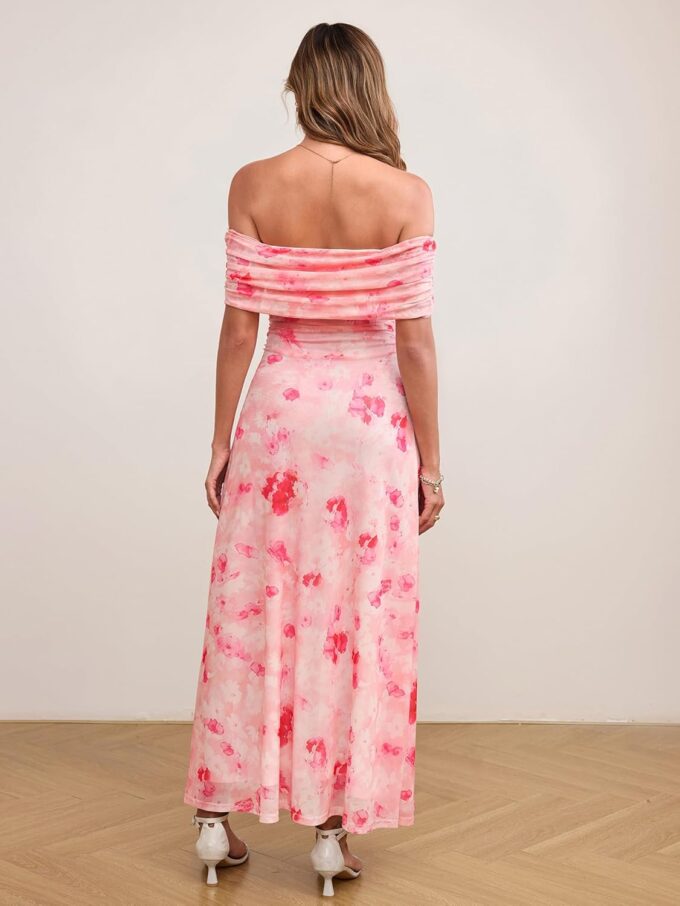 KUTUMAI Women Floral Off Shoulder Maxi Dress Summer Ruched Bodycon Long Formal Wedding Guest Dresses 2025 – Bild 3
