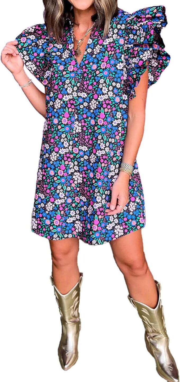hibshaby Women's Floral Babydoll Mini Dress V-Neck Ruffle Sleeve Cute Dress Sundress – Bild 4