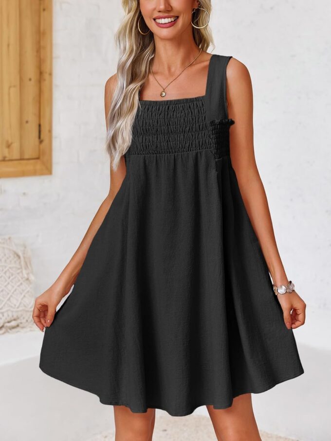 Fisoew Women 's Summer Casual Sleeveless Mini Dress Square Neck Smocked Swing Loose Babydoll Dress – Bild 2