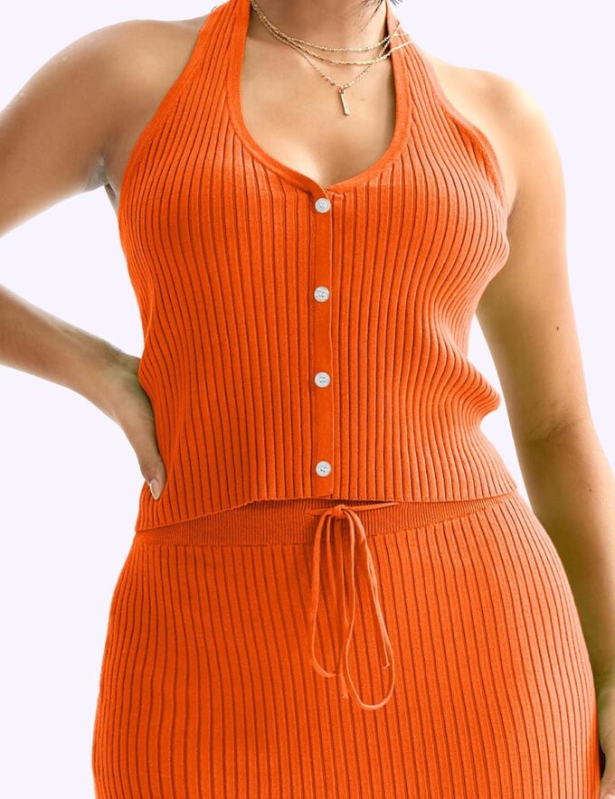 CHERFLY Womens 2 Piece Outfits 2025 Summer Sweater Skirt Sets Halter Top Midi Bodycon Dress – Bild 6