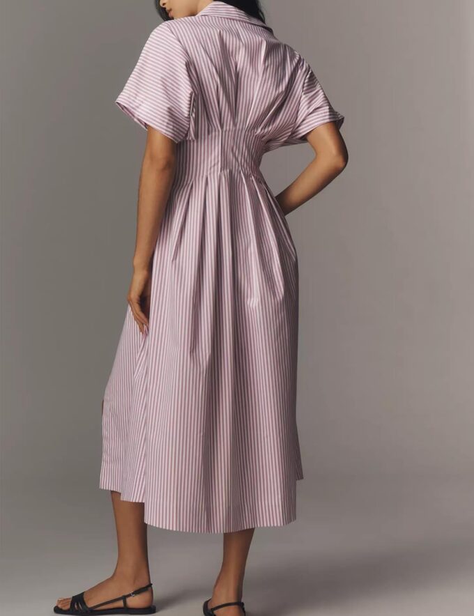 Women Striped Button Front Pleated Maxi Shirt Dress Short Sleeve Collar V Neck Summer Casual Corset Long Dress Purple – Bild 3