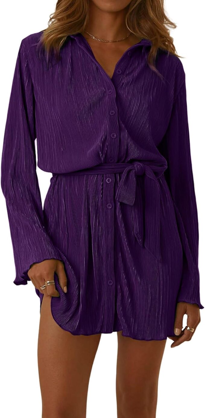 LYANER Damen-Minikleid mit Kragen, V-Ausschnitt, Knopfleiste, plissiert, langärmelig, mit Gürtel