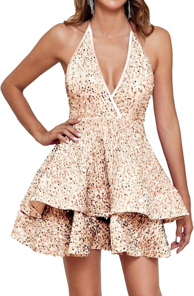 Sequins Homecoming Dresses for Teens V Neck Short Prom Evening Graduation Cocktail Party Gowns ZX39