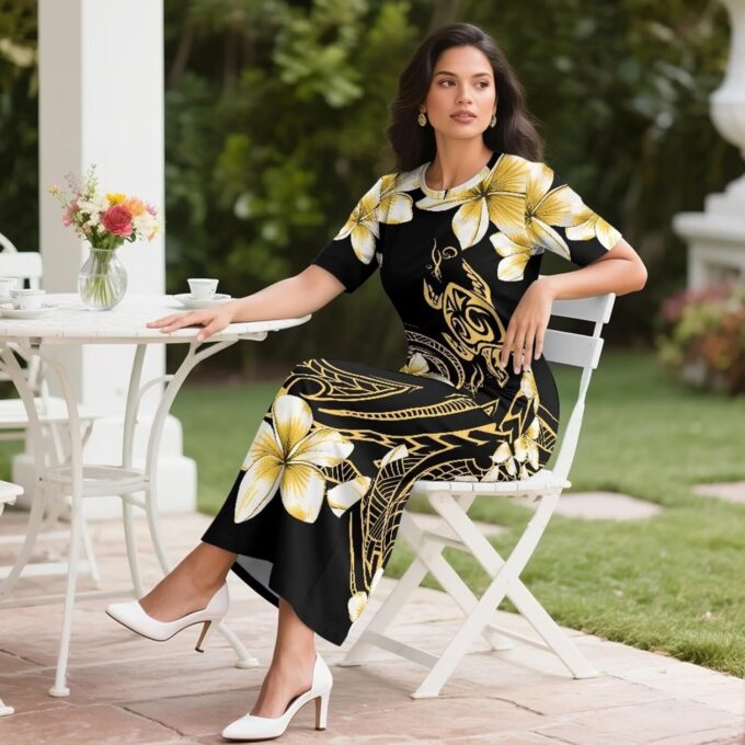 Puletasi Samoan Traditional 2 Piece Outfits for Women Short Sleeve Crop Top and Maxi Skirt Sets Puletasi Dress – Bild 4