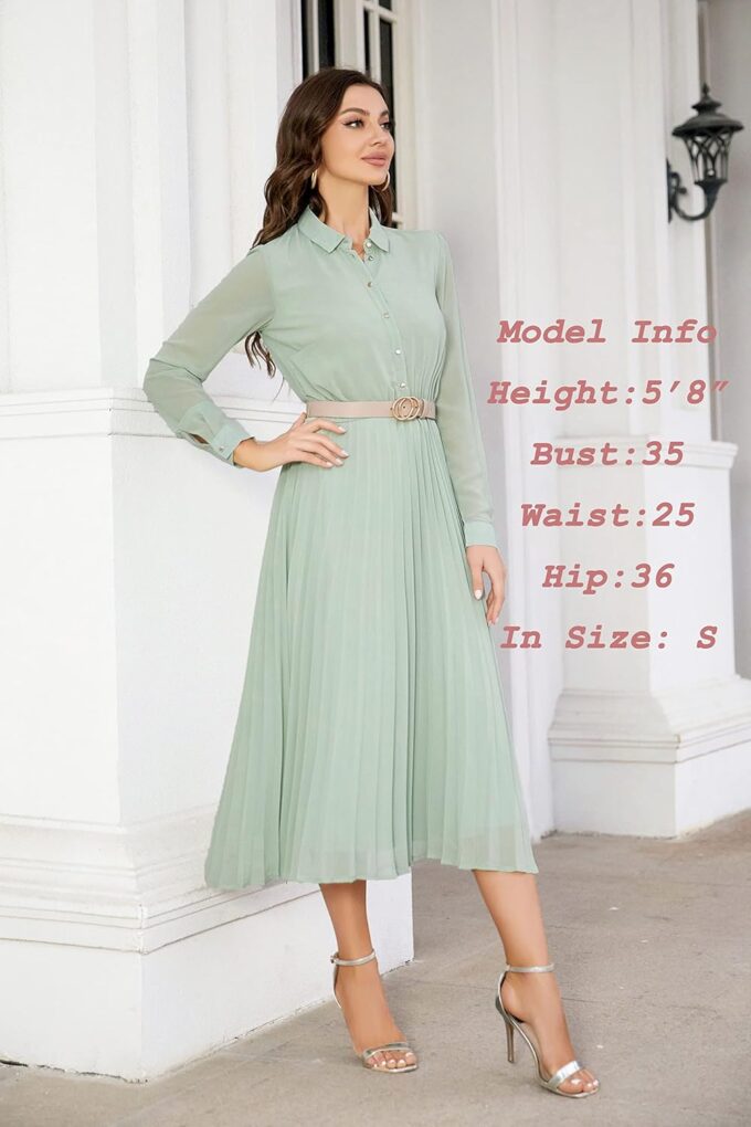 Business Casual Shirt Dress for Women Long Sleeves Pleated Midi Dresses with Belt – Bild 3