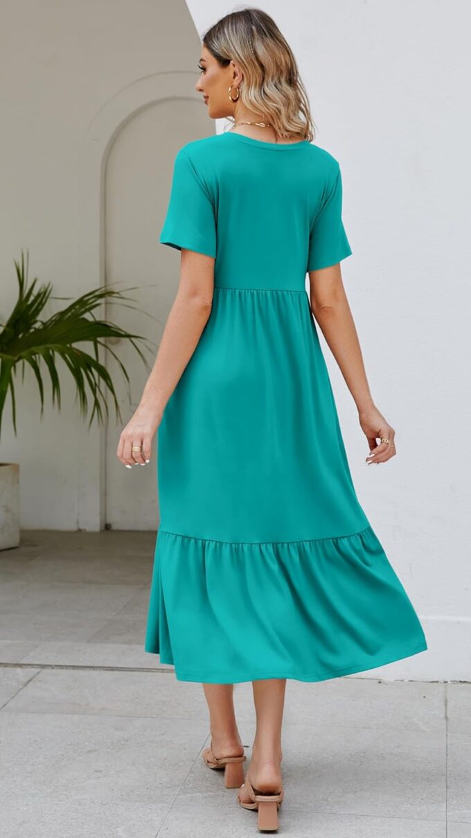 Women's 2025 Summer Short Sleeve V Neck Swing Dress Flowy Tiered Maxi Beach Sundress with Pockets – Bild 5