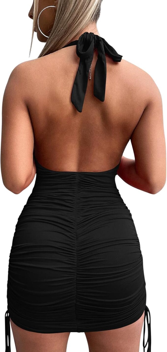 HOCILLE Women's Sexy Halter Bodycon V Neck Backless Ruched Drawstring Mini Club Party Dresses – Bild 2
