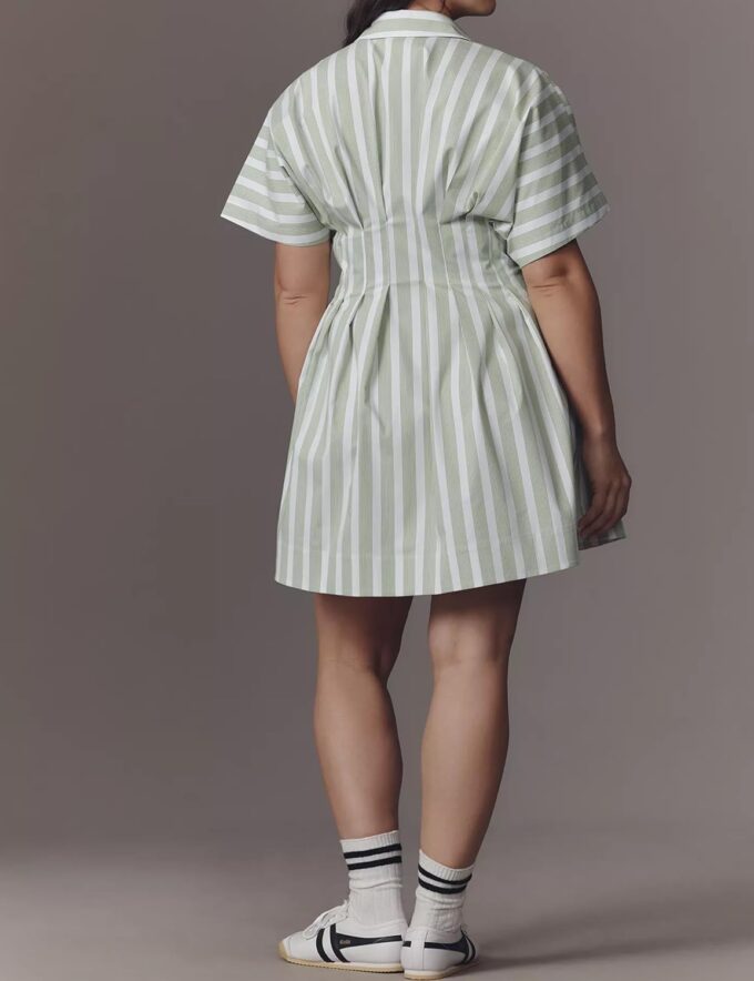 Women’s Button Front Down Pleated Shirt Dress Summer Casual Striped Short Sleeve Blouse Mini Dresses – Bild 6