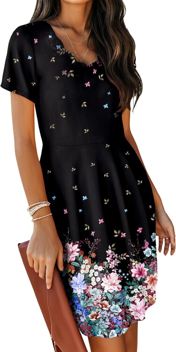AOMONI Women Casual Dresses Wedding Guest Church Midi Dresses A-Line Fit and Flare Short Sleeve Floral Swing Wrap Dress