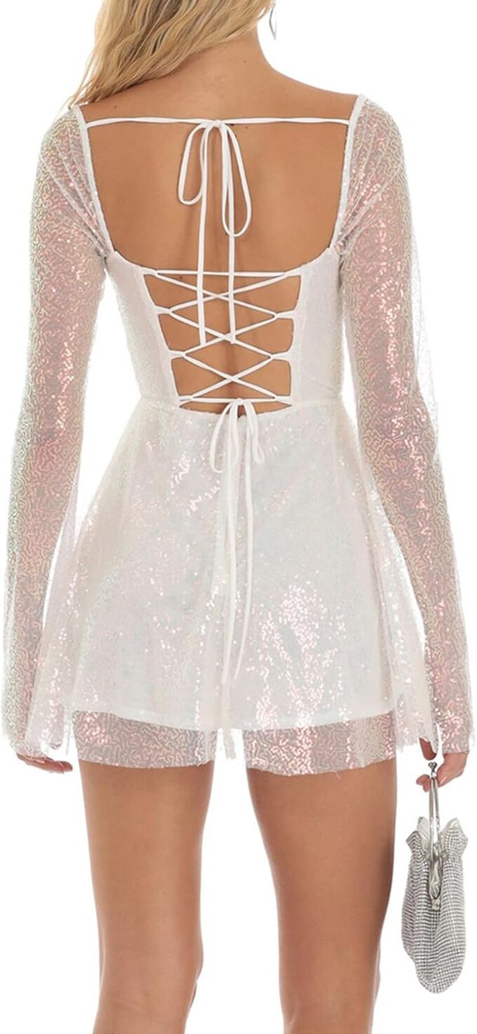 BOLLEY JOSS Women's Sequin Mini Dress Square Neck Self Tie Backless Sparkly Long Flare Sleeve Ruched Swing Dress – Bild 3