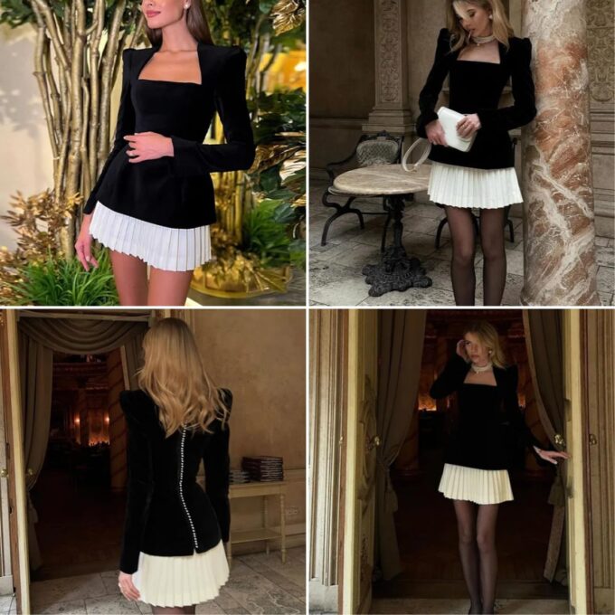 AIBEARTY Women's Long Sleeve Pleated Hem Velvet Mini Dress Elegant Square Neck Slim Fit Dressess for Party Cocktail – Bild 4